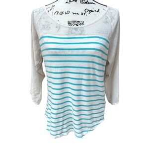LC Lauren Conrad White and Teal Striped Blouse Size M